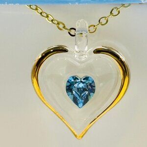 March Birthstone Heart Necklace Blue Crystal Gold Pendant